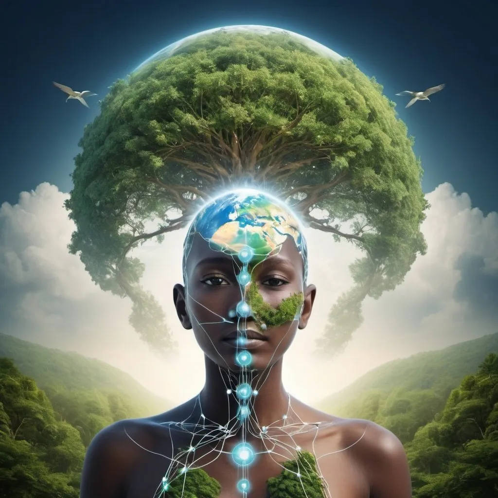 Prompt: create an image of a global humanity, connected with nature and consciousness and technology