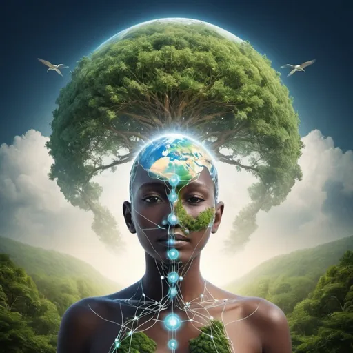 Prompt: create an image of a global humanity, connected with nature and consciousness and technology