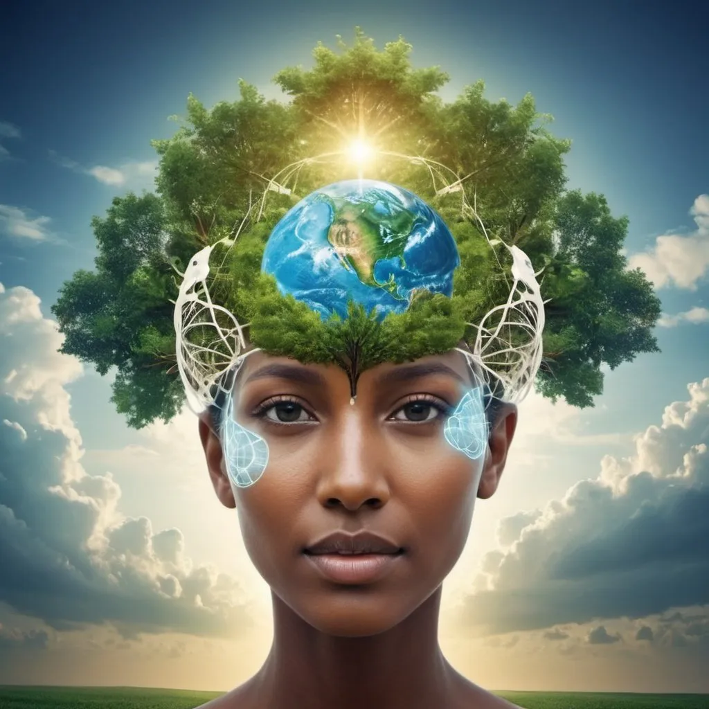 Prompt: create an image of a global humanity, connected with nature and consciousness and technology