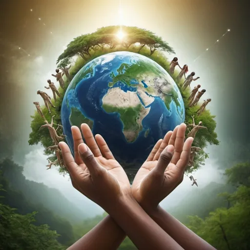 Prompt: create an image of a global humanity holding hands, connected with nature and consciousness and technology