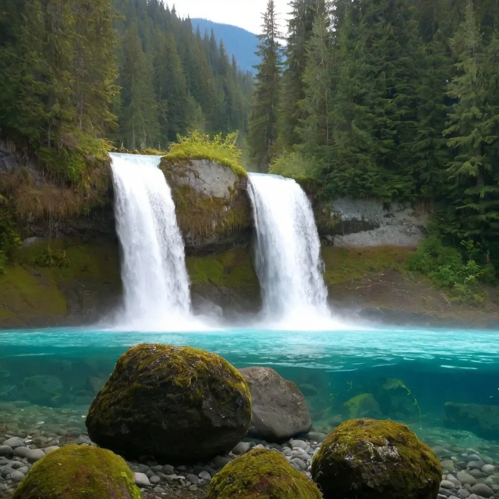 Prompt: beautiful waterfall in british columbia with fish swimming
