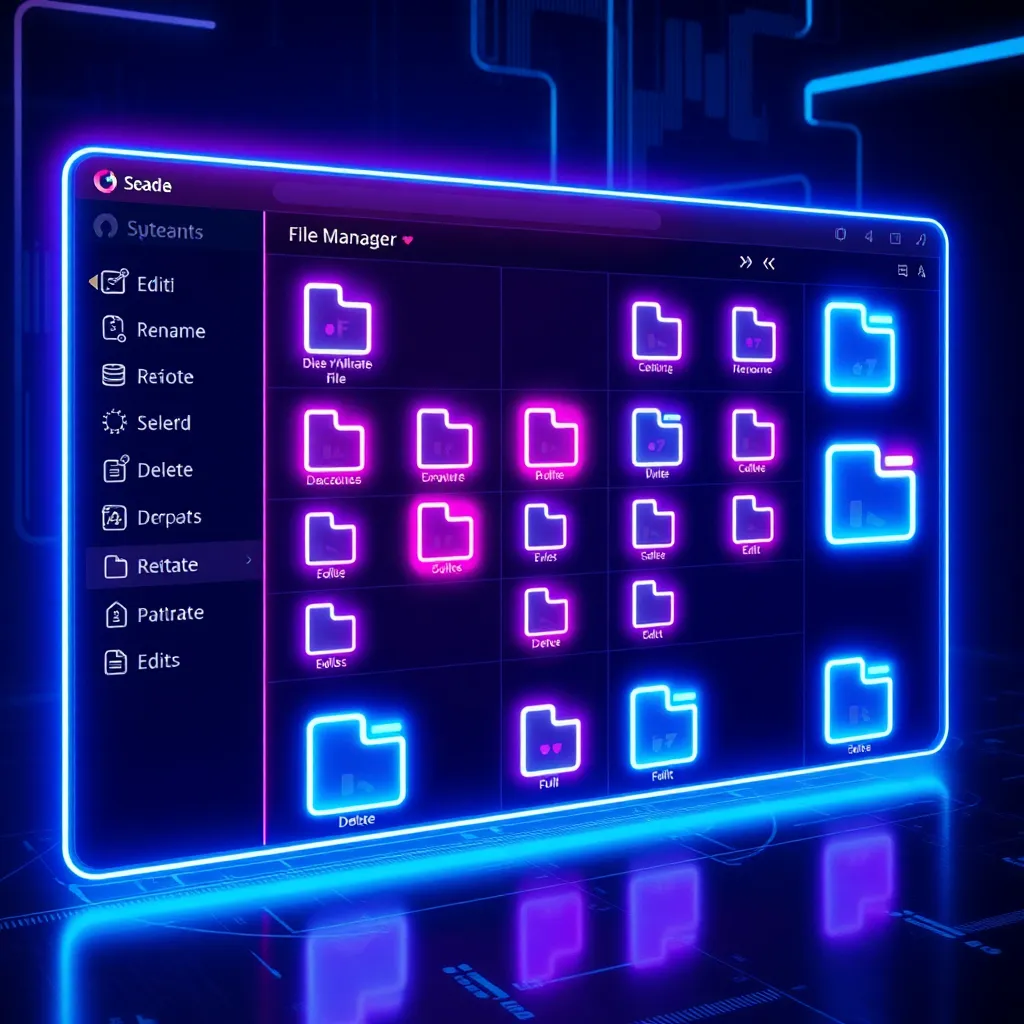 Prompt: "A sleek, high-tech cyberpunk-themed file manager interface. The design features dark neon hues of blue, purple, and pink, with glowing accents. The file manager has a futuristic holographic aesthetic, and each file and folder is represented by glowing cards instead of tables. Each card has a neon border with hover effects, showing options like rename, delete, and edit. The sidebar has a glowing effect, and the background features faint digital patterns, giving a dystopian but polished look. The interface is clean and modern with subtle animations on user interaction."