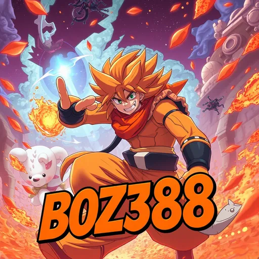 Prompt: (accurately spelled text "BOZ388"), vibrant anime scene, orange colors, dynamic composition, energetic and modern style, strong character design, stylish typography, seamlessly integrated text, captivating background details, magical atmosphere, whimsical elements, high quality, ultra-detailed, engaging and eye-catching visual, enchanting vibe.