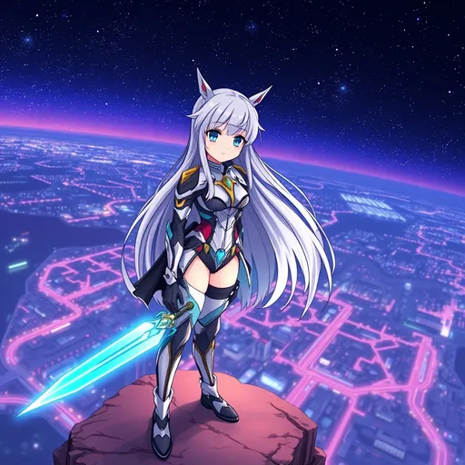 Prompt: "A young female character with long silver hair, wearing a futuristic combat suit, standing on a cliff with a vast cityscape in the background. The city is illuminated by neon lights, and the sky is filled with stars. The character has a determined expression and is holding a sword glowing with blue energy. The art style resembles traditional anime, with vibrant colors and detailed shading."