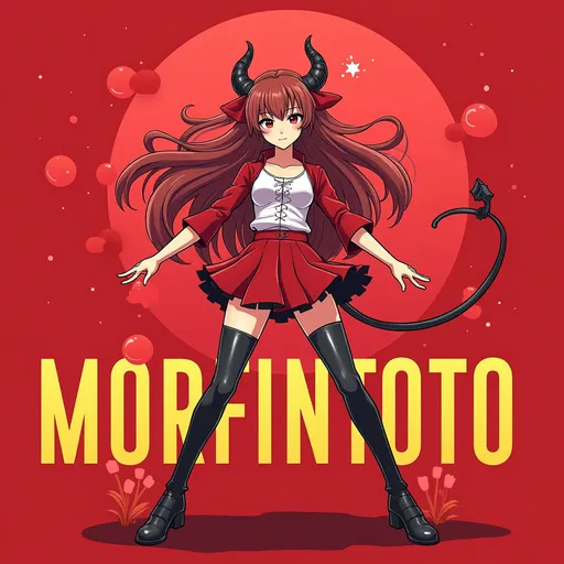 Prompt: (accurately spelled text "MORFINTOTO"), anime karakter perempuan, (soft red) with (cool red) surroundings, dynamic pose, expressive facial features, stylish outfit, engaging expression, vibrant background elements, (cool) anime aesthetic, high detail, excellent lighting, (4K), beautifully harmonized colors, cohesive style with text, (bold) and modern typography, (yellow MORFIN) and (red TOTO).