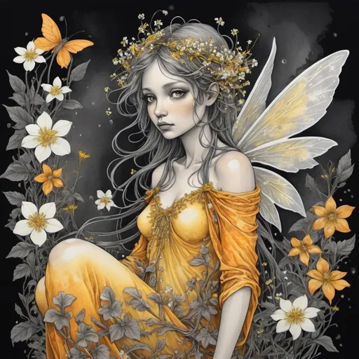 Prompt: ephemeral fairy, adorned with (((delicate white flowers)))), colored ink art, intricately detailed, rendered in yellow, orange, and grey, dark and broody atmosphere