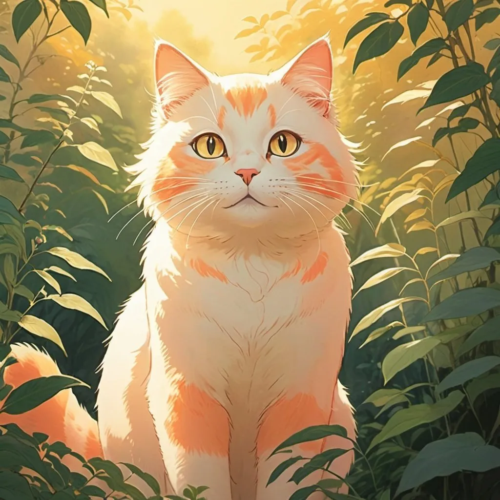 Prompt: 2d studio ghibli anime style, cat in summer bush, soft golden and salmon light