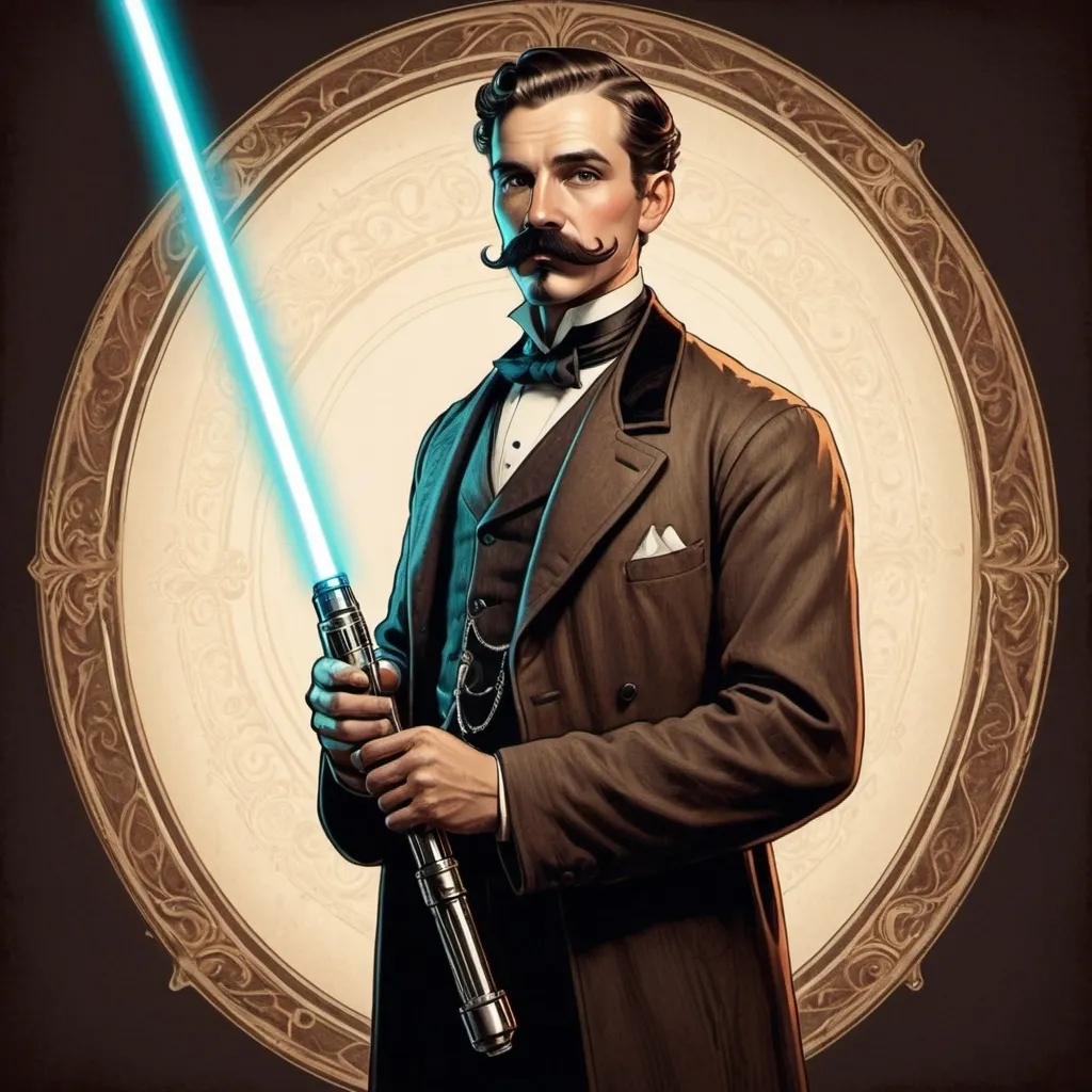 Prompt: a olde timey illustration of a  man with a handlebar mustache and a goatee  holding a lightsaber in one hand and a cane in the other hand