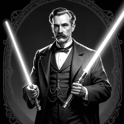 Prompt: (black and white sketch), detailed portrayal of an old-fashioned gentleman with a (prominent handlebar mustache) and a (well-defined goatee), stylishly dressed, holding a (glowing lightsaber) in one hand and a (ornate walking stick) in the other, intriguing contrast of classic and sci-fi elements, enchanting ambiance, meticulous lines and shading, vintage aesthetics, captivating character design.