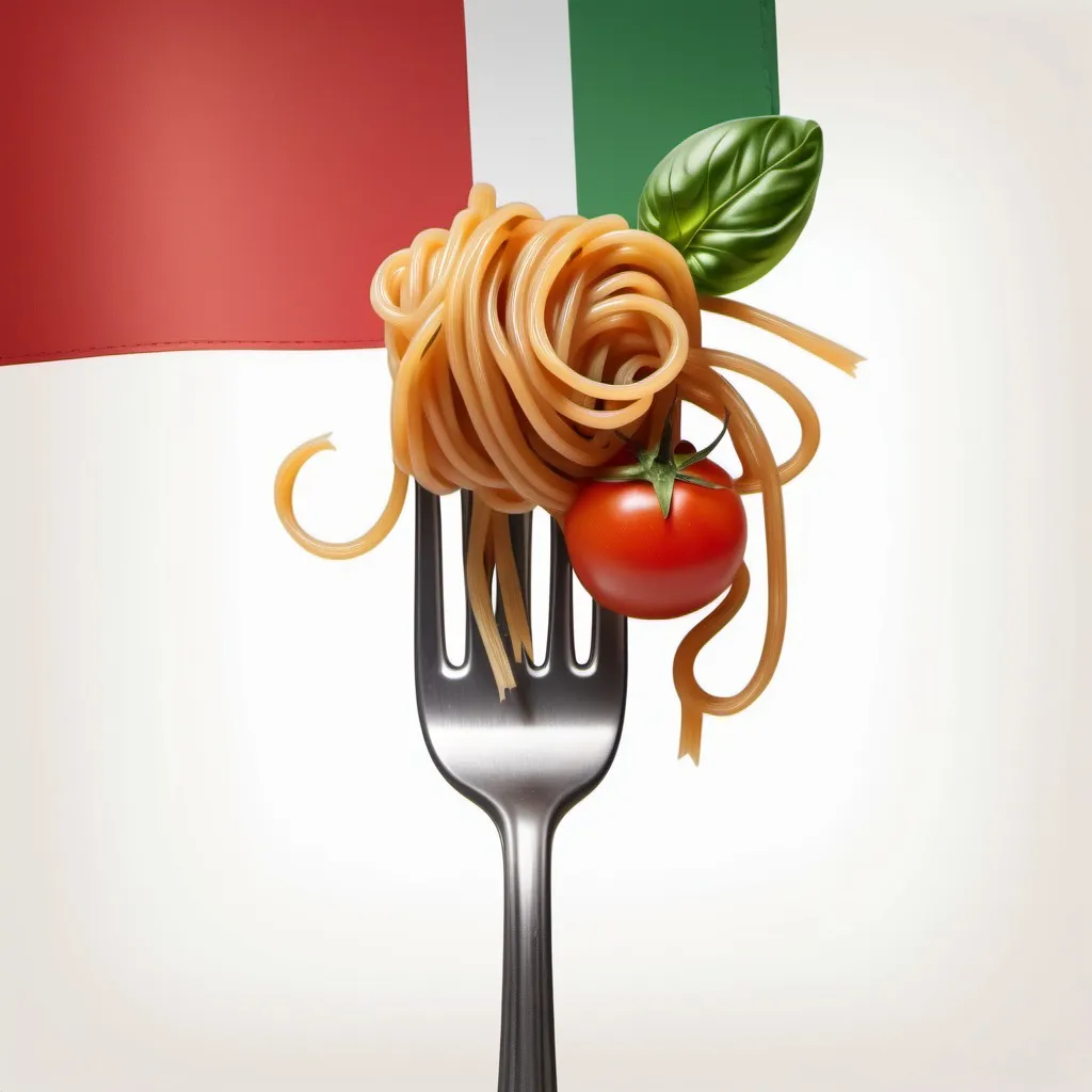 Prompt: Drawing of fork with spaghetti rolled up whit tomato and basil  vertically, background flag of italy
