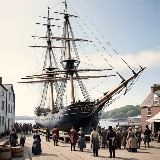 Prompt: an 1840's 3 mast sail ship being unloaded in the harbour will people stand on shore looking at the ship. they are dressed in 1840's working class costumes 