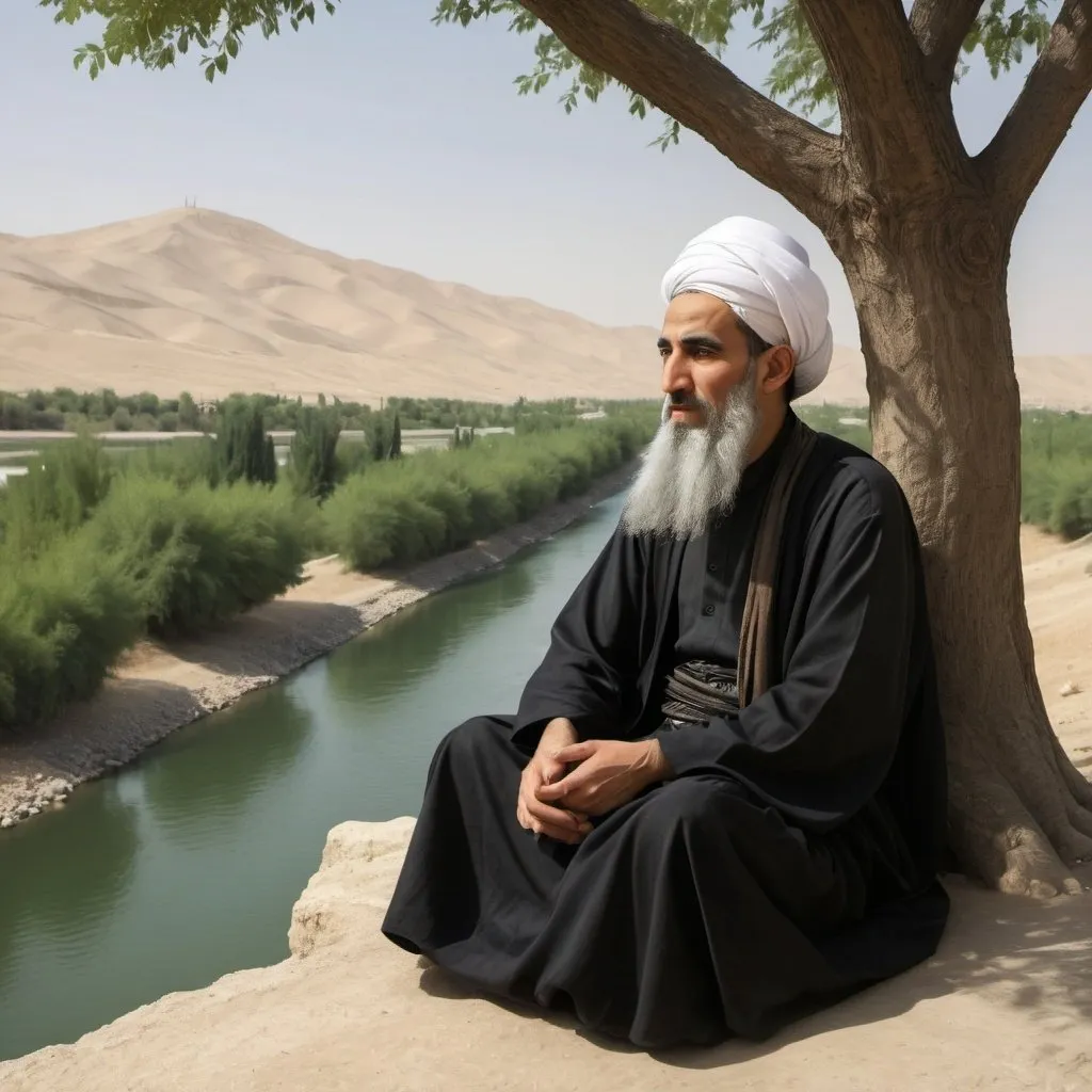 Prompt: Imam Hussein is sitting next to a tree and a river, and behind him are trees in the distance and hills, with gray hair covering his beard--v4
