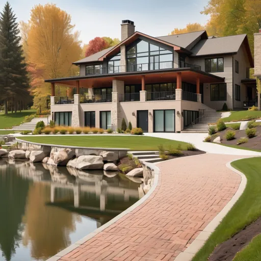 Prompt: A big modern house with a wrap around porch and a brick driveway and sidewalk by a lake on a warm day.