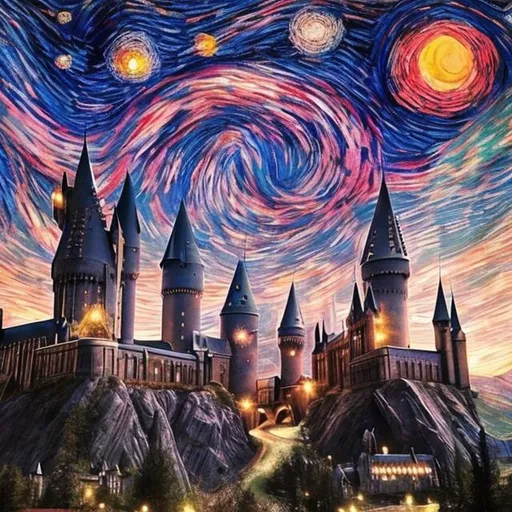 Prompt: Realistic Hogwarts but like starry night with pink sky