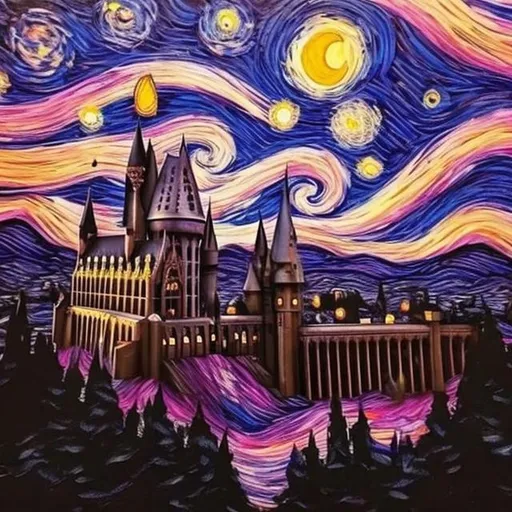 Prompt: Hogwarts but like starry night with pink sky