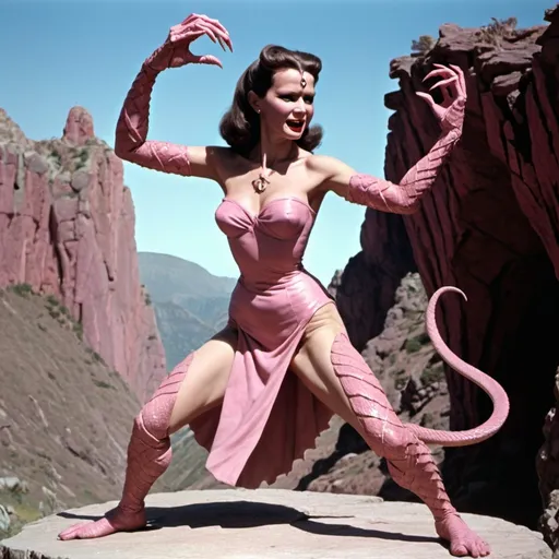 Prompt: ray harryhausen snake woman with four arms dancing, with pink jagged cliffs in the background 