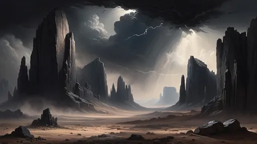 Prompt: john martin style landscape, photorealistic, with jagged mountains two cliffs crumbling, and clashing falling black rock, boulders in the sky, desert, mountain in sky, dark, black scene, black clouds, dark hand in the sky coming out of the cloud

