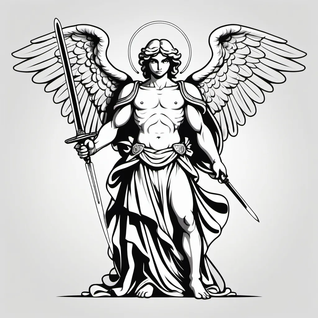 Prompt: Black and white angel michael angelo front view whole body holding sword vector lineart
