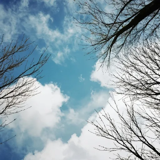 Prompt: watercolor style, looking up from ground, sky with clouds, some tree branches in scene, and a few out of focus blades of grass 