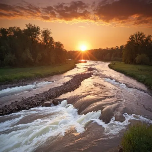 Prompt: large river flowing sunset