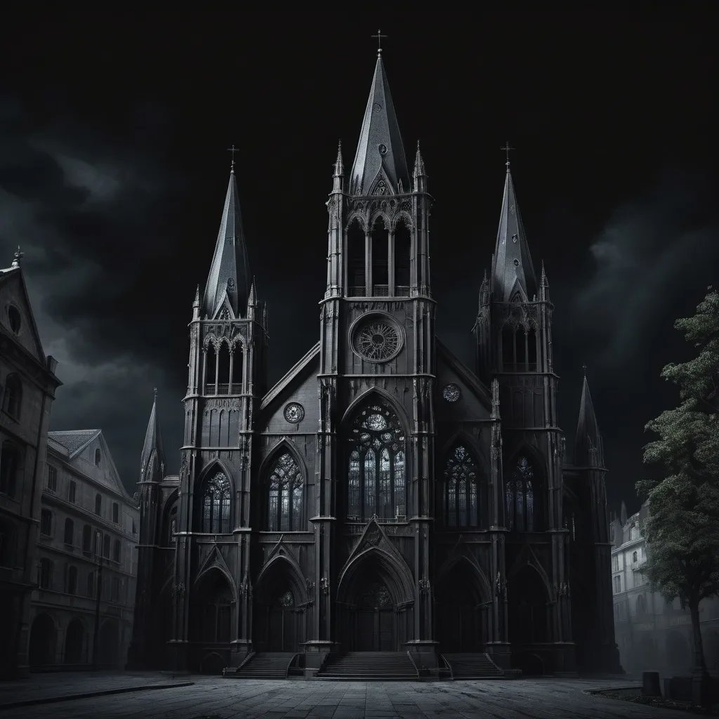 Prompt: A hyper realistic black gothic cathedral with a central bell tower in a dark background