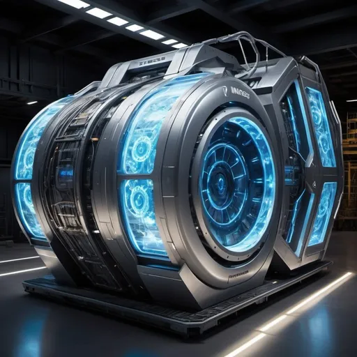 Prompt: Imagine a futuristic mining machine with a sleek, high-tech design. It has 12 glowing cores and a large "C" imprinted on its metallic surface. The machine looks powerful, with aerodynamic shapes and exposed high-tech cables. The background features an advanced mining site with LED lights and digital screens, highlighting the cutting-edge environment.