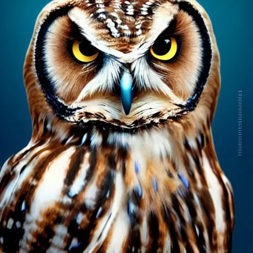 Prompt: Portrait of owl with brown hair, serious facial features, hyperrealistic, super detailed, 8k, high quality, trending art, sharp focus, studio photo, intricate details, perfect composition, blue background, by greg rutkowski
