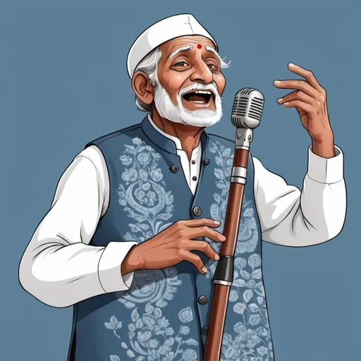 Prompt: Cartoonist Illustration of an aged man from Uttar Pradesh singing classical folk occupying hardly 30 percent of entire illustration  with a background containing designs showcasing essence of uttar Pradesh , grey blue and white theme