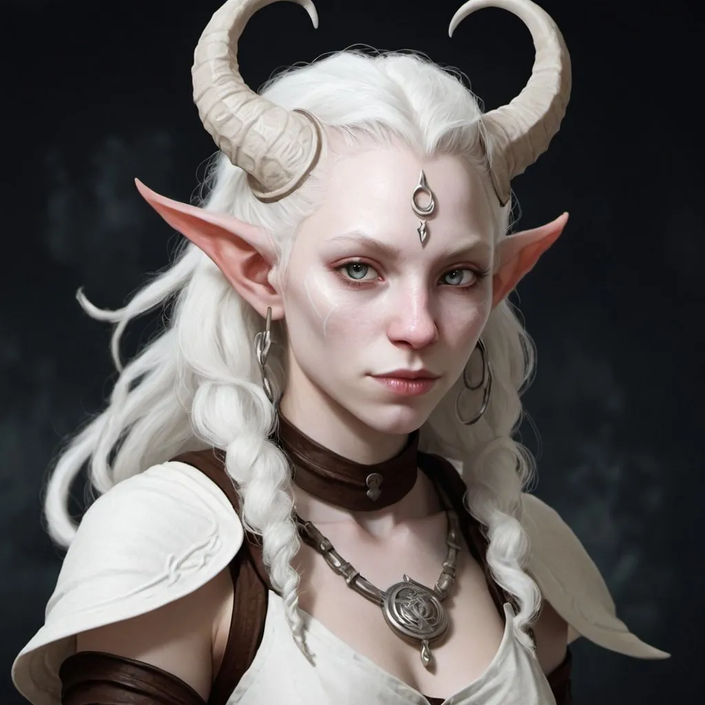 Prompt: Female Tiefling. She's albino with white skin and hair, and silver eyes. She is a druid of the circle of the moon, and her name translates to pale moonlight.