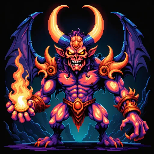 Prompt: 16-bit drawing of (bael the demon), retro pixel art style, vibrant colors, saturated tones, intense eyes, menacing posture, dark background with flickering torches, ethereal glow, detailed sprite, surrounded by swirling shadows, ominous atmosphere, nostalgic video game aesthetics, HD quality, dynamic composition.