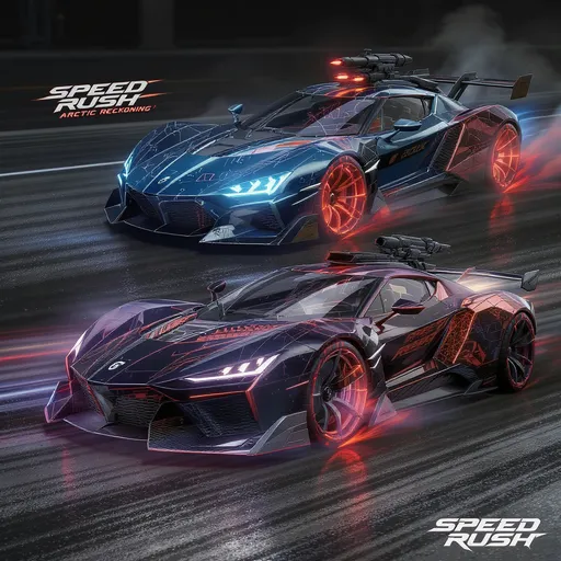 Prompt: Create ultra-realistic 3D car models designed for a futuristic combat racing game called “Speed Rush: Arctic Reckoning”.
Each car should have aerodynamic body shapes, metallic reflections, and visible engine detailing.
Add mounted machine guns, missile launchers, and plasma blasters on the car’s roof or sides.
Include customizable color variants, dynamic lights, reflective glass, and damage effects (scratches, bullet marks).
The cars should look unique, powerful, and cinematic, not copied from any existing game.
Output in .FBX / .GLB / .OBJ format suitable for Unreal Engine or Unity.