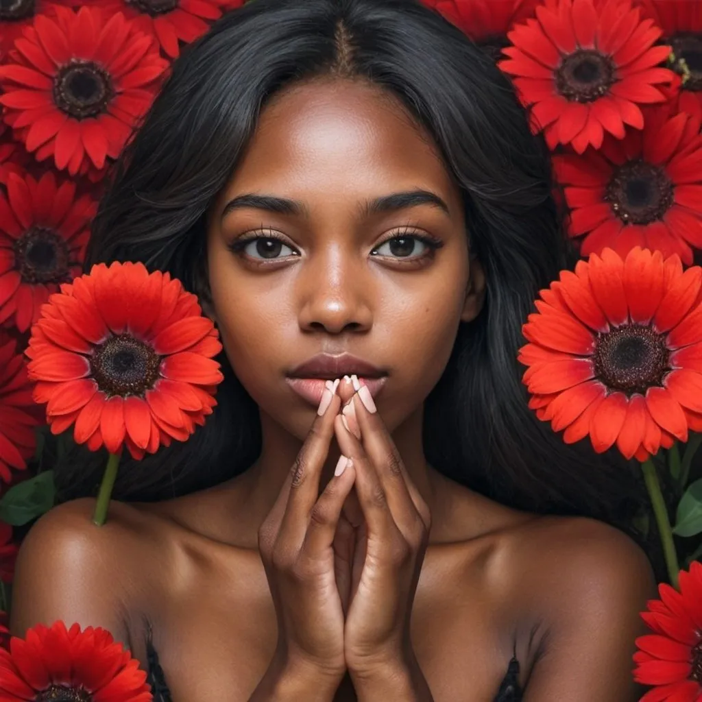 Prompt: 



Chicas con la mano por la cara flores flores por el lado de la portada y rojos y que la chica sea negra y que vea una sola chica