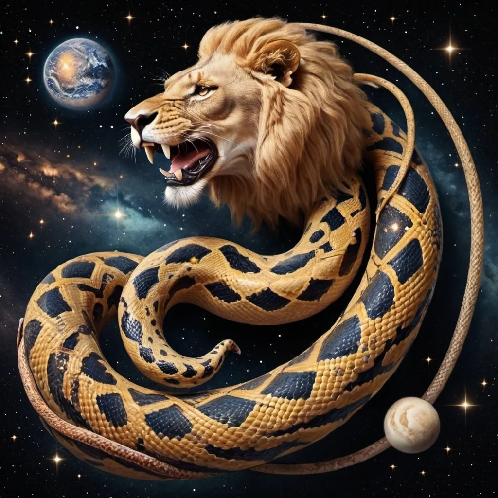 Prompt: Coiled Snake with a lion's head flying through the universe