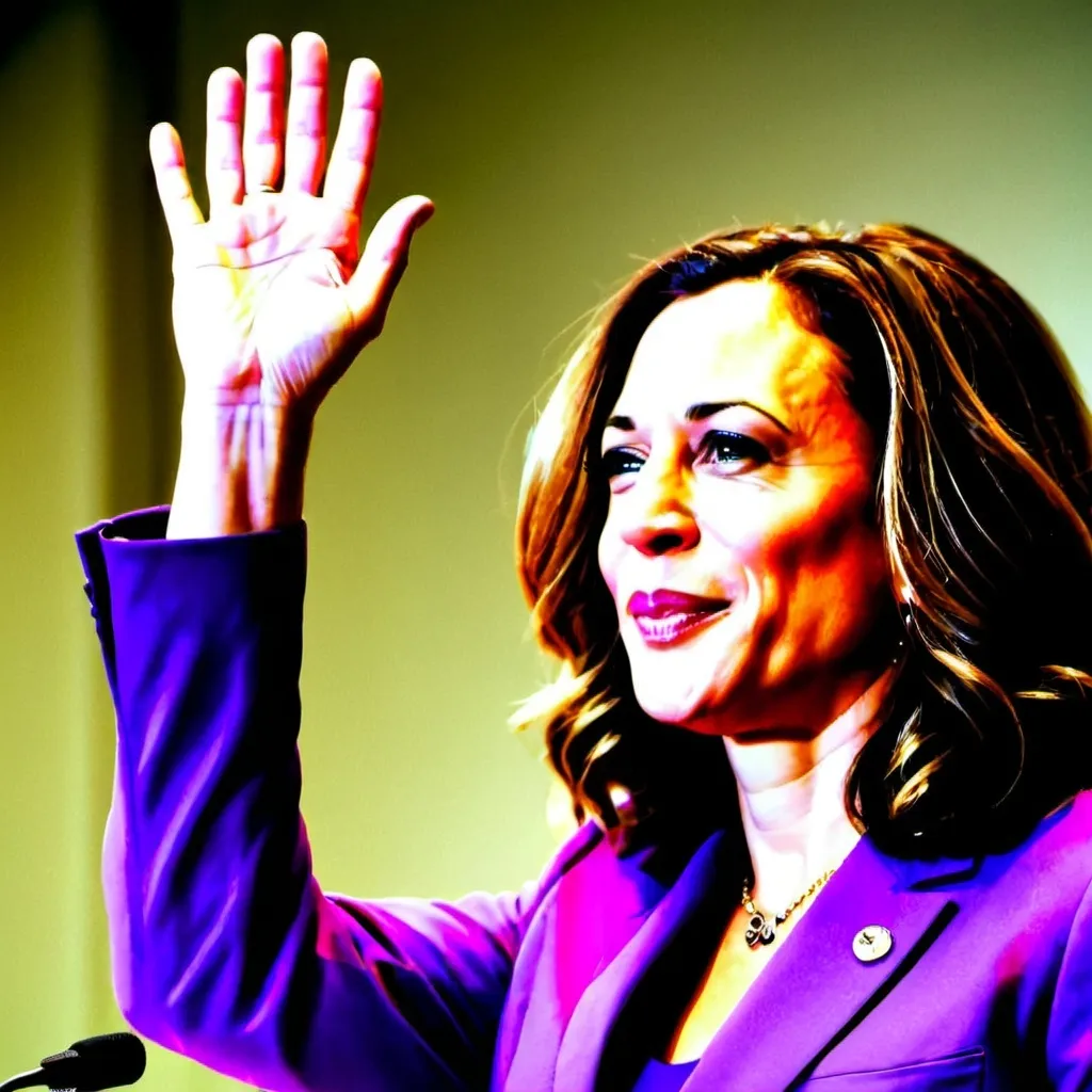 Prompt: a woman in a purple suit swearing in with a hand raised