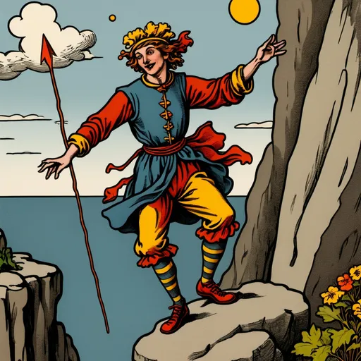 Prompt: The Fool tarot card, depicting a joyful wanderer stepping off a cliff, unaware of danger.