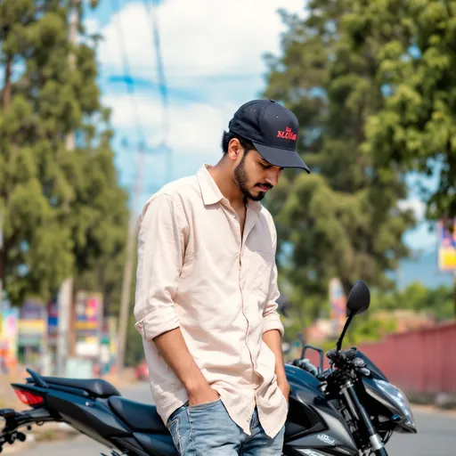 Prompt: A young man stands casually beside a sleek black motorcycle, embodying a relaxed yet stylish demeanor. Dressed in a beige button-up shirt and faded jeans, he sports a black cap with vibrant red lettering, tilting it forward slightly as he gazes downward, suggesting a moment of contemplation or cool confidence. The backdrop features tall trees and power lines under a bright blue sky, with hints of colorful billboards and a red wall that add structure to the scene. Soft afternoon lighting casts gentle shadows, enhancing the laid-back atmosphere of this outdoor setting, evoking a sense of freedom often associated with the open road.