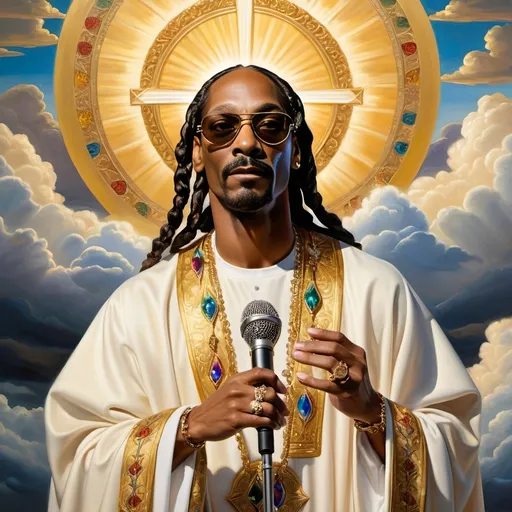 Prompt: (“medieval oil painting” of Snoop Dog as Jesus), vibrant colors, dramatic light, intricate details, an ethereal aura, wearing traditional robes adorned with gold, holding a microphone instead of a staff, set in a divine landscape with heavenly clouds and golden rays, ultra-detailed, capturing a blend of culture and spirituality.