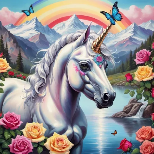 Prompt: Colorful oil painting of a majestic unicorn horse with a diamond horn, surrounded by vibrant roses and butterflies, retro floral art style, snowy mountain background, reflective water, vivid rainbow, high quality, detailed, oil painting, majestic unicorn, diamond horn, colorful roses, vibrant butterflies, retro floral art, snowy mountains, reflective water, vivid rainbow