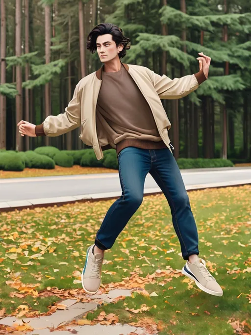 Prompt: A man exudes a playful energy as he strikes a dynamic pose outdoors, surrounded by lush, evergreen trees that form a serene backdrop. Wearing a stylish beige bomber jacket over a warm, fitted brown sweater, he pairs these with dark blue, loose-fitting jeans and trendy sneakers, emphasizing both comfort and fashion. His dark hair is neatly styled, and he sports round sunglasses that add a touch of flair to his smile, which radiates joy. The scene, captured in soft natural light, evokes a casual yet fashionable vibe, highlighting a crisp and clear day, inviting the viewer to share in this moment of playful self-expression amidst the tranquil landscape.
