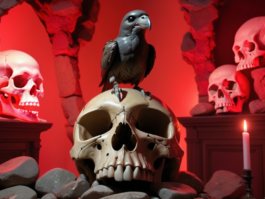 Prompt: a bird perched on top of a skull in a room filled with rocks and red lights in the background, Dirk Crabeth, vanitas, skull, a still life