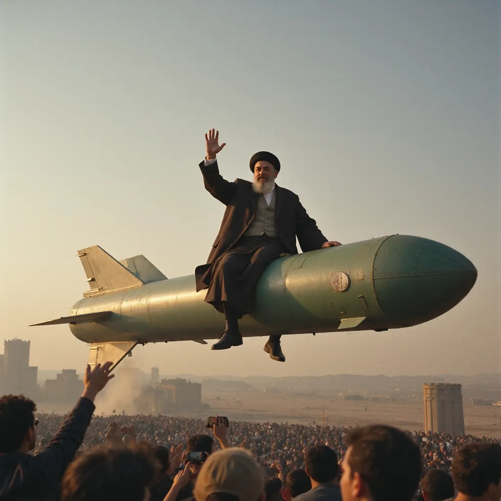 Prompt: photorealistic image Ayatollah Khomeini riding a giant missile through the sky waving to people in Iran