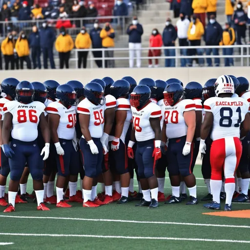 Prompt: Away football team, navy blue helmets with red and white S on the side and red stripe and white facemask, white jerseys with red numbers, stampede in red letters in what jerseys, navy blue pants and red stripe, white socks, in offensive formation in away black and yellow football stadium