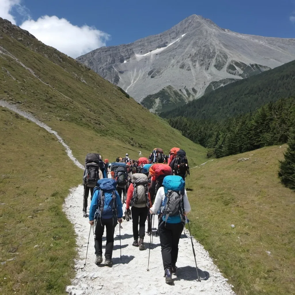 Prompt: a group of people going for a mountain treckk