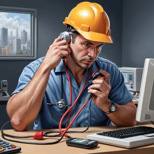 Prompt: an repair electrician wearing electrical tools 
 a Stethoscope listening to the heartbeat of a modern office voice over internet protocol telephone, NOT A CELLPHONE ,realistic digital painting, realistic, modern, technology, digital art, , detailed, realistic, digital painting