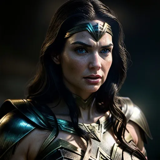 Prompt: Photorealistic illustration of Wonder Woman in black armor, glowing lasso, powerful and fierce expression, realistic details, high quality, photorealism, superhero, iconic, glowing accessory, detailed armor, intense gaze, dark and dramatic lighting, realistic textures, professional, strong female character, highres, ultra-detailed, cinematic