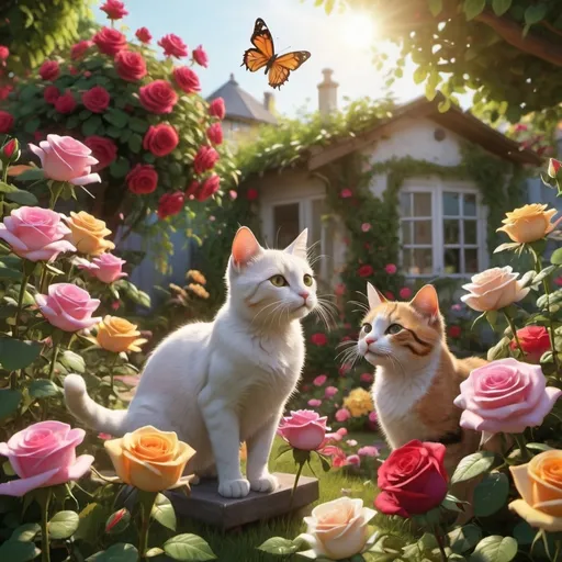 Prompt: Few cats playing in a garden, garden filled with vibrant flowers like roses, vibrant colors, warm sunlight, cheerful atmosphere, lush greenery, detailed flower petals, various poses of playful cats, immersive nature, cozy and whimsical, high depth cinematic masterpiece, ultra-detailed, 4K.