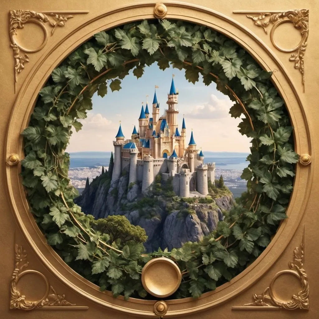 Prompt: can you make picture as if kid of 14 years made it of a disney castle with a golden circle around with vine leaves at the edges of the golden circle and outside the circle the greek god Dionysus it pointing at the circle?  

