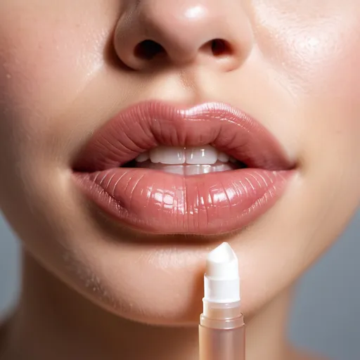 Prompt: The image shows a close-up of a pair of lips with soft, smooth skin. The lips appear hydrated and glowing, showcasing the effects of proper moisturizing. A small tube of lip balm is visible near the lips, ready to be applied. The background is blurred, focusing attention on the lips.