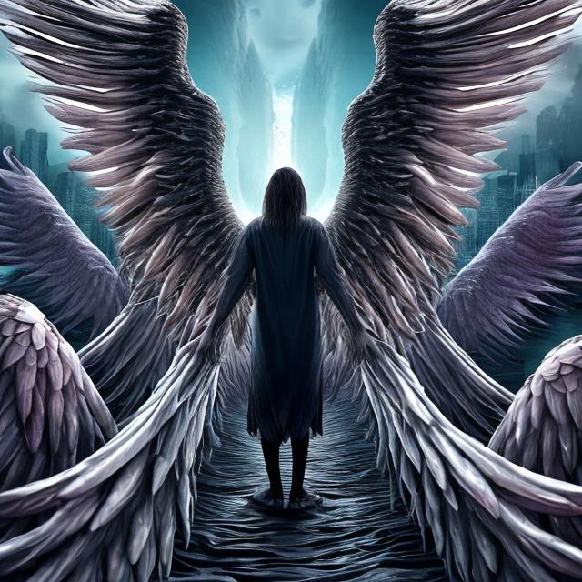 Prompt: Adriel with his 4,000 wings and a body formed by as many eyes and tongues as there are living human beings, he stands with one foot in the fourth (or seventh) heaven, the other on the razor-sharp bridge that divides paradise and hell.