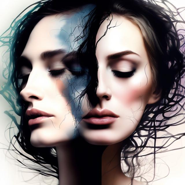 Prompt:  Bipolar mania (gorgeous woman, two portraits 3 faces of the same woman merging into one "full body silhouette" realism)